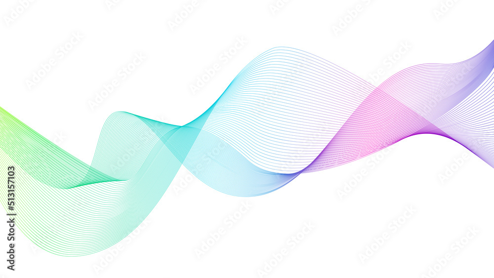Abstract musical wave element of colored lines on white background for design. Vector illustration of smooth ribbon dynamics. EPS 10.