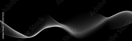 Wave of flowing particles on a dark background. Abstract backdrop with dynamic elements of waves and dots. Vector