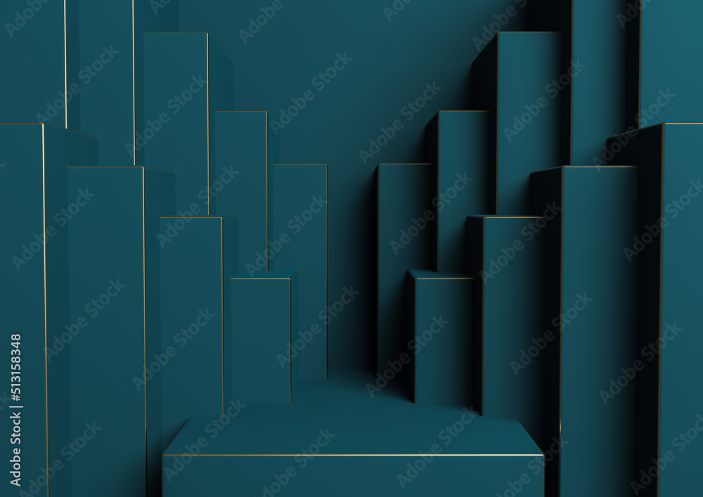 Dark teal, aqua blue 3D rendering product display podium or stand simple, minimal, symmetrical, geometric background or wallpaper for luxury product advertisement abstract city skyline Dark teal, aqua blue 3D rendering product display podium or stand simple, minimal, symmetrical, geometric background or wallpaper for luxury product advertisement abstract city skyline