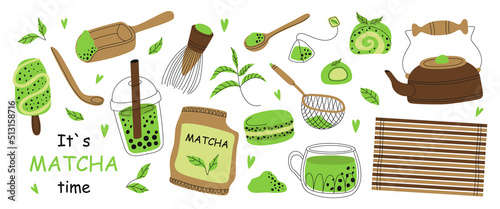 Set of Matcha tea ceremony products. Japanese traditional matcha latte powder, whisk, mochi, macarons, bamboo spoon, leaves, boba, ice cream. Healthy organic green tea culture. Flat illustration