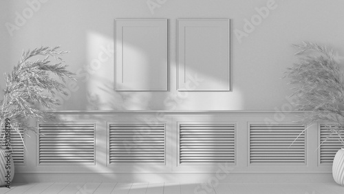 Total white project draft, empty room interior design, wooden table top, panel with shutters. Vases with dry plants. Parquet floor, plaster wall with frame mockup. Background template