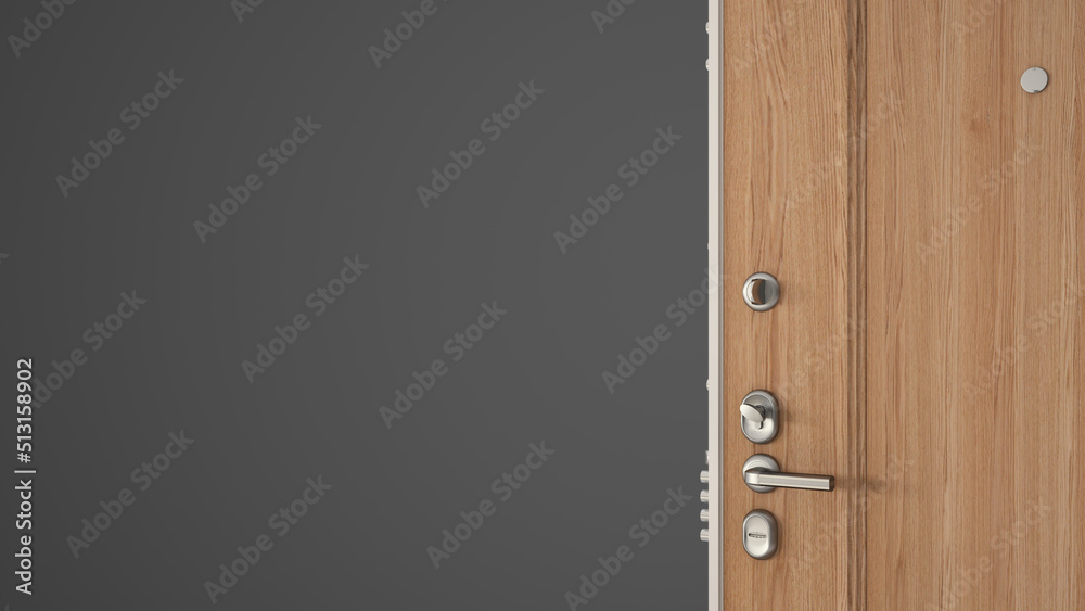 Wooden entrance door opening on empty gray background with copy space, concept interior design