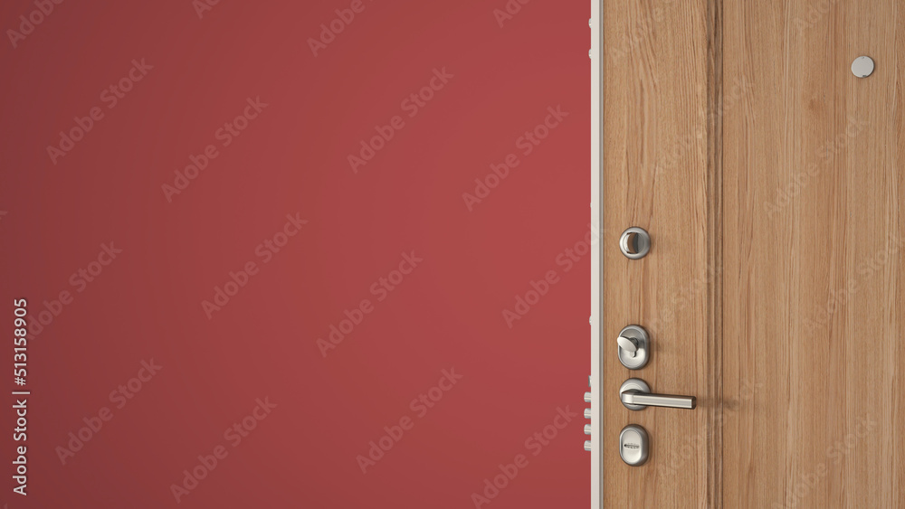 Wooden entrance door opening on empty red colored background with copy space, concept interior design