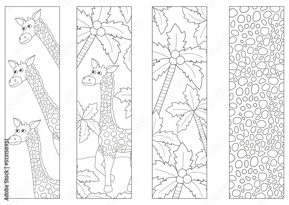 Coloring bookmarks for kids with the giraffe. Cute animal and palms ...