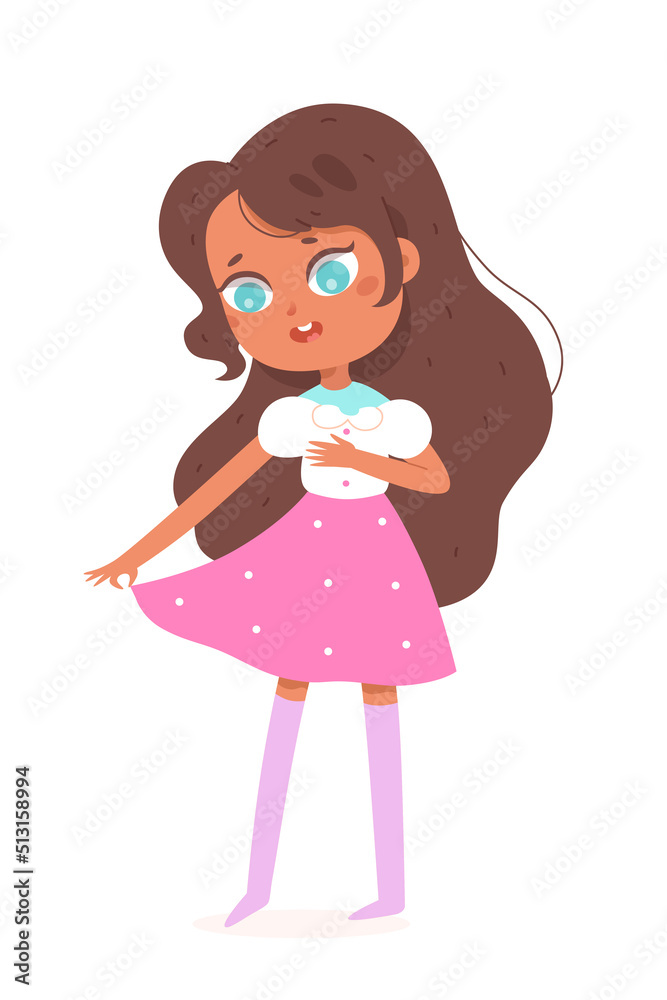 Girl trying on new summer clothes, choosing outfit, cute kid holding skirt with fingers Girl trying on new summer clothes, choosing outfit, cute kid holding skirt with fingers