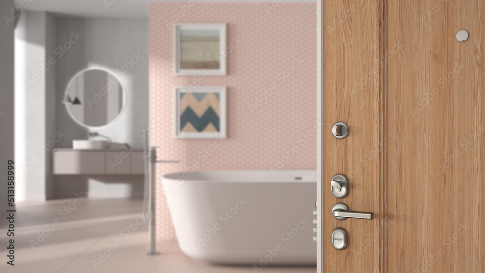 Obraz premium Wooden entrance door opening on modern bathroom, freestanding bathtub, washbasin with mirror, tiles and decors, interior design concept idea