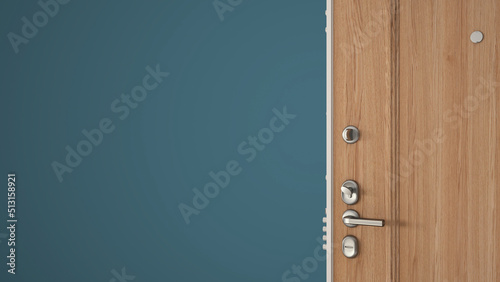 Wooden entrance door opening on empty blue colored background with copy space, concept interior design