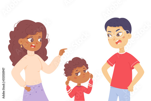 Angry people shout and quarrel during family conflict, sad boy covering ears with hands