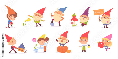Cute garden gnomes set, small fairytale characters in funny costumes, old happy dwarfs