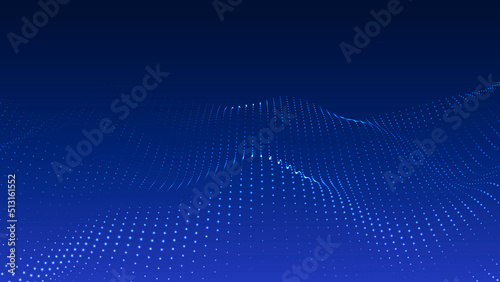 Wave of flowing particles on a dark background. Abstract backdrop with dynamic elements of waves and dots. Vector