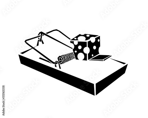 Mousetrap with cheese. Black and white vector illustration