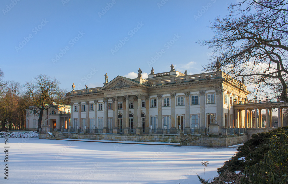 Royal palace (Palace on the Water) in Lazienki park at winter in Warsaw, Poland	
