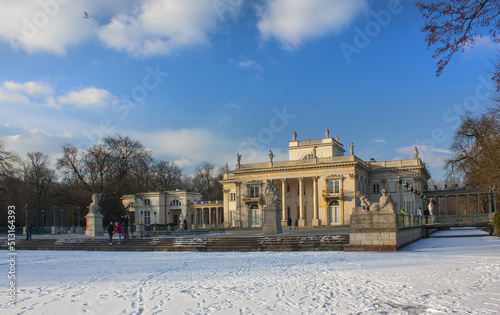 Royal palace (Palace on the Water) in Lazienki park at winter in Warsaw, Poland 