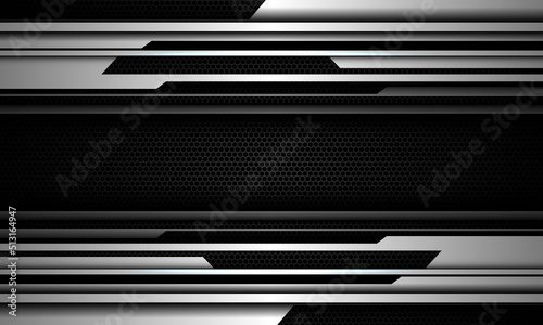 Abstract silver cyber grey metallic geometric on black hexagon mesh design modern technology futuristic background vector