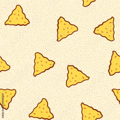 Nacho seamless pattern. Random pattern of nachos mexican food. Hand drawn cartoon delicious crispy nachos, tortillas.