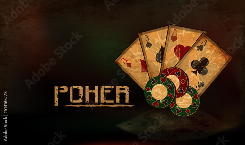 Vintage casino banner with poker cards and chips, vector illustration