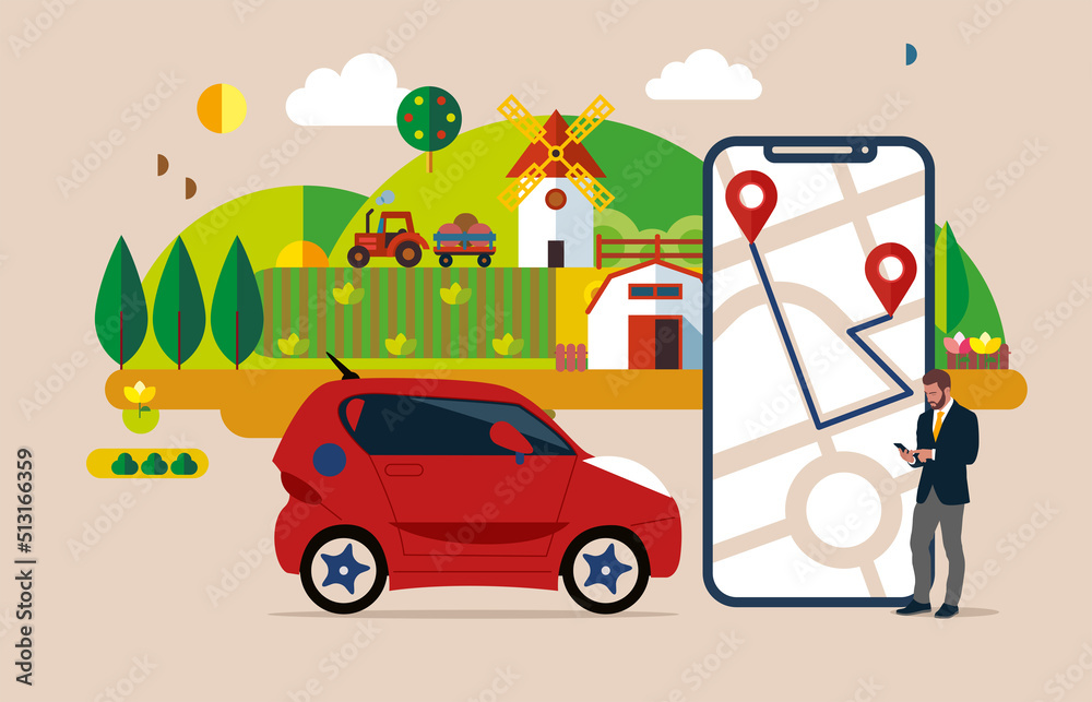 Modern phone with location mark and smart ride share electric car. Connected vehicle remote parking. Autonomous online car sharing service controlled via smartphone app. Modern phone with location mark and smart ride share electric car. Connected vehicle remote parking. Autonomous online car sharing service controlled via smartphone app.