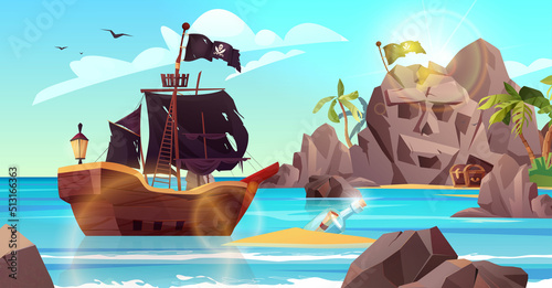 Fototapeta Naklejka Na Ścianę i Meble -  Rocky island with pirate ship, flag and palm trees in the ocean. Bottle with paper message in it. Cartoon vector illustration