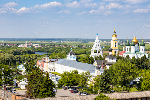 above view of churches and cathedral in Kolomna Kremlin and Bobrenev Monastery in Old Kolomna city on summer day from bell tower Church of St John the Evangelist