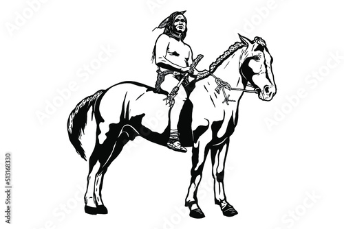 Fototapeta Naklejka Na Ścianę i Meble -  Native american indian warrior Riding Horse - vector illustration