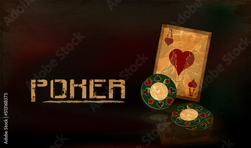 Vintage poker background with casino chip and playing hearts card, vector illustration