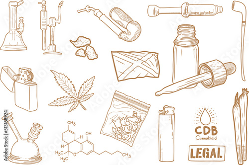 Cannabis vector hand drawn set illustration - Out line
