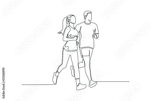 Continuous one line drawing young man and woman in sportswear jogging on the street. Sport concept. Single line draw design vector graphic illustration.