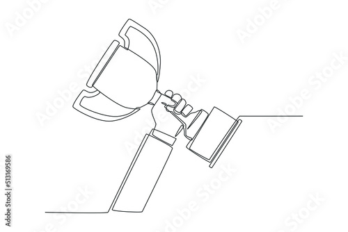 Continuous one line drawing Hand man holding trophy in competition. Business success concept. Single line draw design vector graphic illustration.
