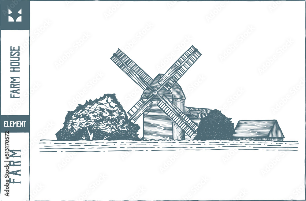 Farm house Vector illustration - Hand drawn - Out line