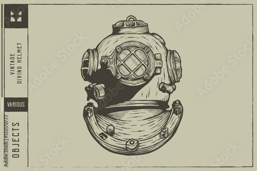 Vintage diving helmet Vector illustration - Hand drawn - Out line