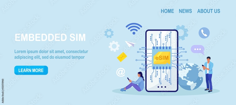 Embedded sim card on microcircuit. Young people use modern mobile phone with eSIM card chip. Smartphone without classical sim card. New digital technology. Cellphone with integrated circuit card - obrazy, fototapety, plakaty 