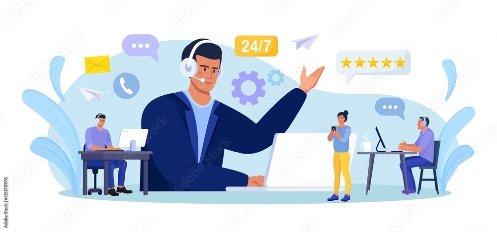 Customer support. Contact us. Man with headphones and microphone with laptop talking with clients. Personal assistant service, hotline operator advises customer, online global technical support Customer support. Contact us. Man with headphones and microphone with laptop talking with clients. Personal assistant service, hotline operator advises customer, online global technical support
