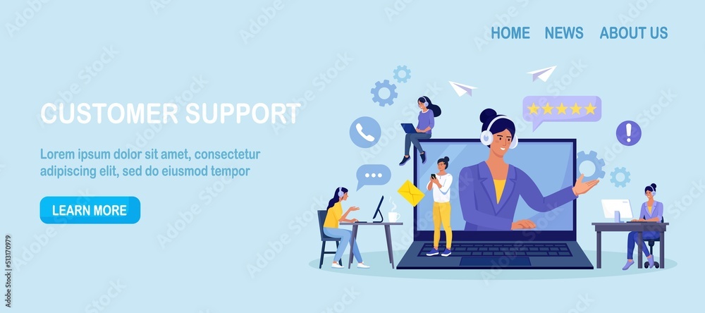 Customer support. Contact us. Woman with headphones and microphone talking with clients on laptop screen. Personal assistant service, hotline operator advises customer, online global technical support Customer support. Contact us. Woman with headphones and microphone talking with clients on laptop screen. Personal assistant service, hotline operator advises customer, online global technical support