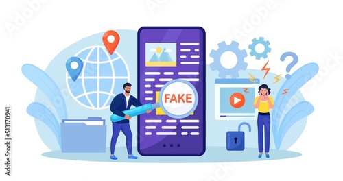 Fake news. Man with magnifying glass scanning and check news on smartphone. Disinformation, propaganda on online news media. Spreading untruth information, hoax