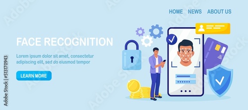 Face recognition and data safety. Man getting access to data after biometrical checking. Person holds phone and scans the  face with mobile application. Biometric identification, face ID system