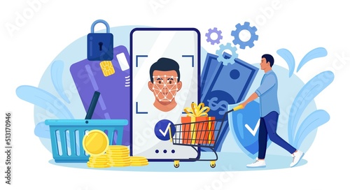 Man using face recognition technology for payment. Person use facial Biometric Identification application to login to system to buy. Smartphone id security system. Client shopping online