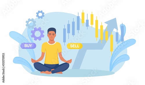 Man trader with buy, sell buttons. Technical analysis candlestick chart. Global stock market index, trade exchange. Forex trading strategy. Finance growth, Data analysis. Person Investing in Stocks