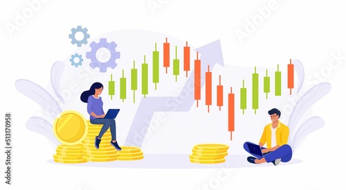 Tiny people stock traders buy and sell shares at computer, laptop. Technical analysis candlestick chart. Global stock market index, trade exchange. Forex trading strategy. Investing in Stocks