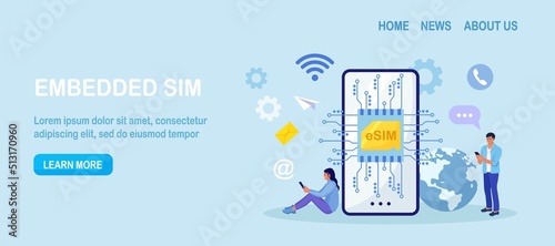 Embedded sim card on microcircuit. Young people use modern mobile phone with eSIM card chip. Smartphone without classical sim card. New digital technology. Cellphone with integrated circuit card