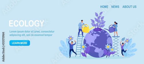 Save earth planet, ecology, energy. Volunteers planting flowers. Use renewable resources for protect nature people grow plants, doing farming job, watering tree. World Environment Day