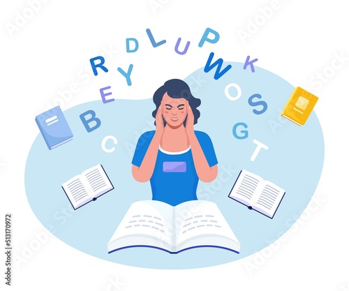Dyslexia concept. Young girl difficulty in reading. Upset disappointed person with scattered letters above his head and books. Mental disorder trouble with reading. Logopedics, speech therapy lessons