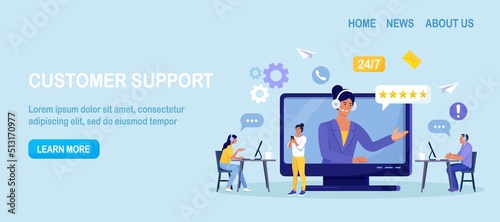 Customer support. Contact us. Woman with headphones and microphone talking with clients on laptop screen. Personal assistant service, hotline operator advises customer, online global technical support