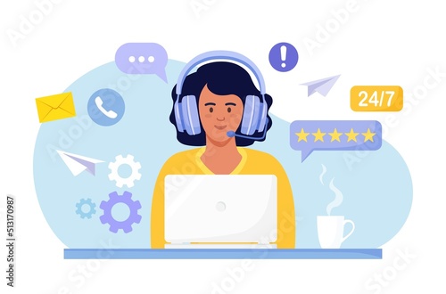 Customer support. Contact us. Woman with headphones and microphone with computer talking with clients. Personal assistant service, hotline operator advises customer, online global technical support