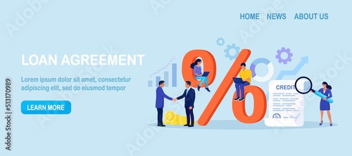 Bank loan, credit agreement. Tiny people and big percent sign. Discount, loyalty program, promotion. Good interest rate. Lending of organization or entity. Personal loans with interest-free periods