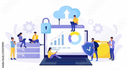 IT specialists administrate cloud service, data storage. Hosting platform. Big data processing, transferring. Online computing technology. Software solutions to share informations on digital network photo