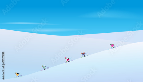 People skiing on snowy hills background design. Vector illustration of winter sports on holidays concept