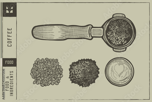Coffee beans, Cup, Filter holder and Ground roasted coffee - Vector illustration - Out line