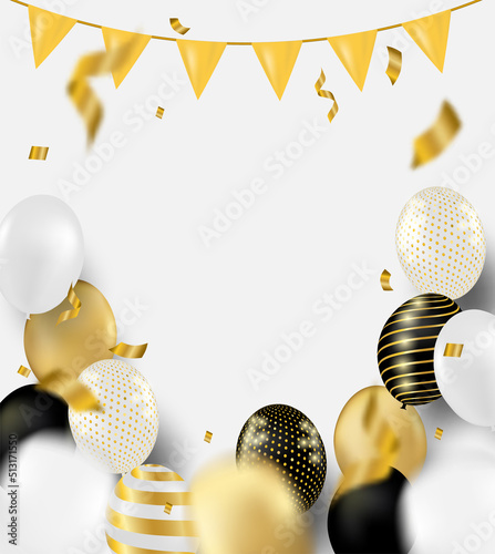 Celebration and congratulations card. Design with white, gold balloons and gold foil confetti. luxury background. vector.