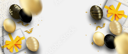 Celebration and congratulations card. Design with white, gold balloons and gold foil confetti. luxury background. vector.