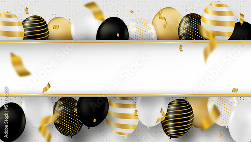 Celebration and congratulations card. Design with white, gold balloons and gold foil confetti. luxury background. vector.